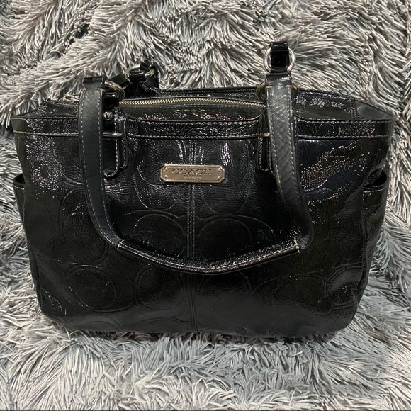 Black Glossy Embossed Logo Coach Shoulder Bag - Picture 1 of 5